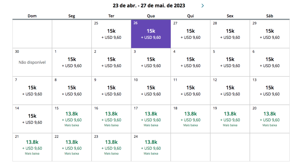 Calendário de voos da united com tabela fixa na Azul